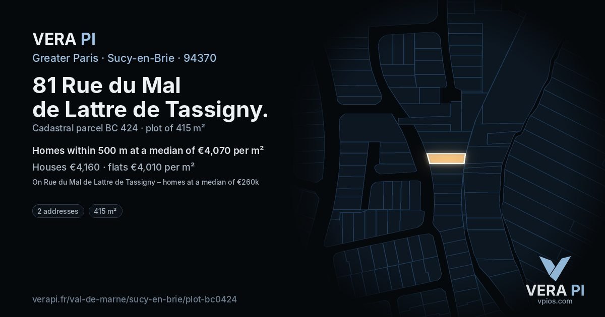 81 Rue du Mal de Lattre de Tassigny, Sucy-en-Brie at night – the plot lit, the parcels around coloured by the prices near them
