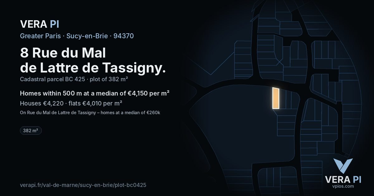 8 Rue du Mal de Lattre de Tassigny, Sucy-en-Brie at night – the plot lit, the parcels around coloured by the prices near them