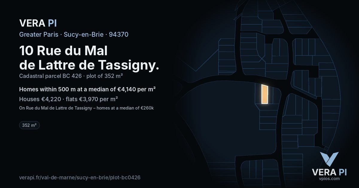 10 Rue du Mal de Lattre de Tassigny, Sucy-en-Brie at night – the plot lit, the parcels around coloured by the prices near them