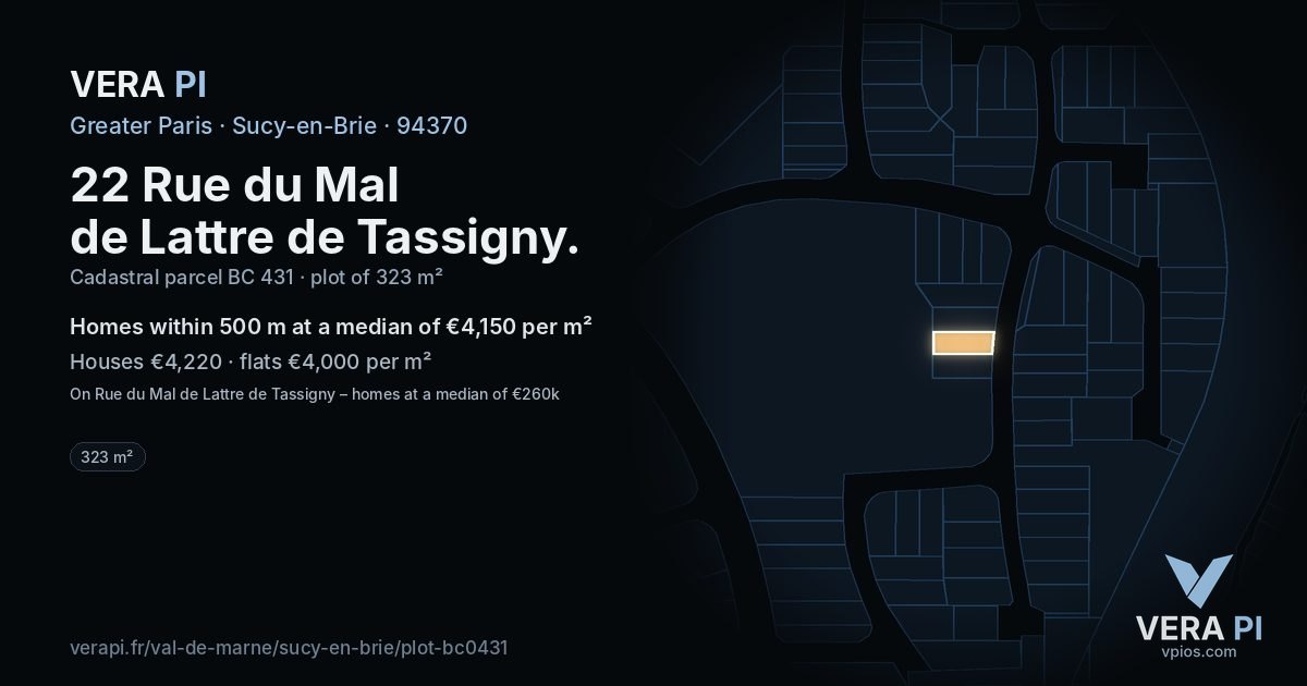 22 Rue du Mal de Lattre de Tassigny, Sucy-en-Brie at night – the plot lit, the parcels around coloured by the prices near them