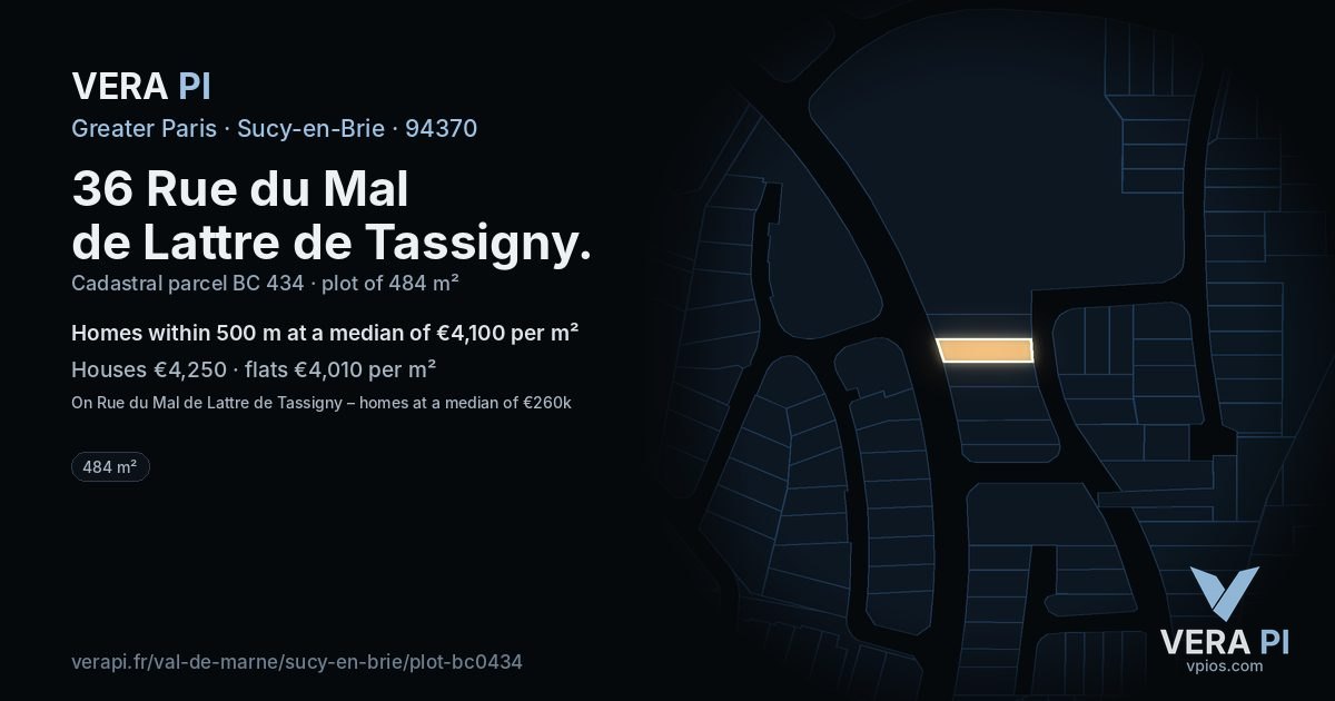 36 Rue du Mal de Lattre de Tassigny, Sucy-en-Brie at night – the plot lit, the parcels around coloured by the prices near them