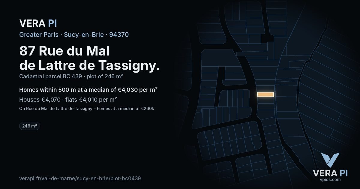 87 Rue du Mal de Lattre de Tassigny, Sucy-en-Brie at night – the plot lit, the parcels around coloured by the prices near them