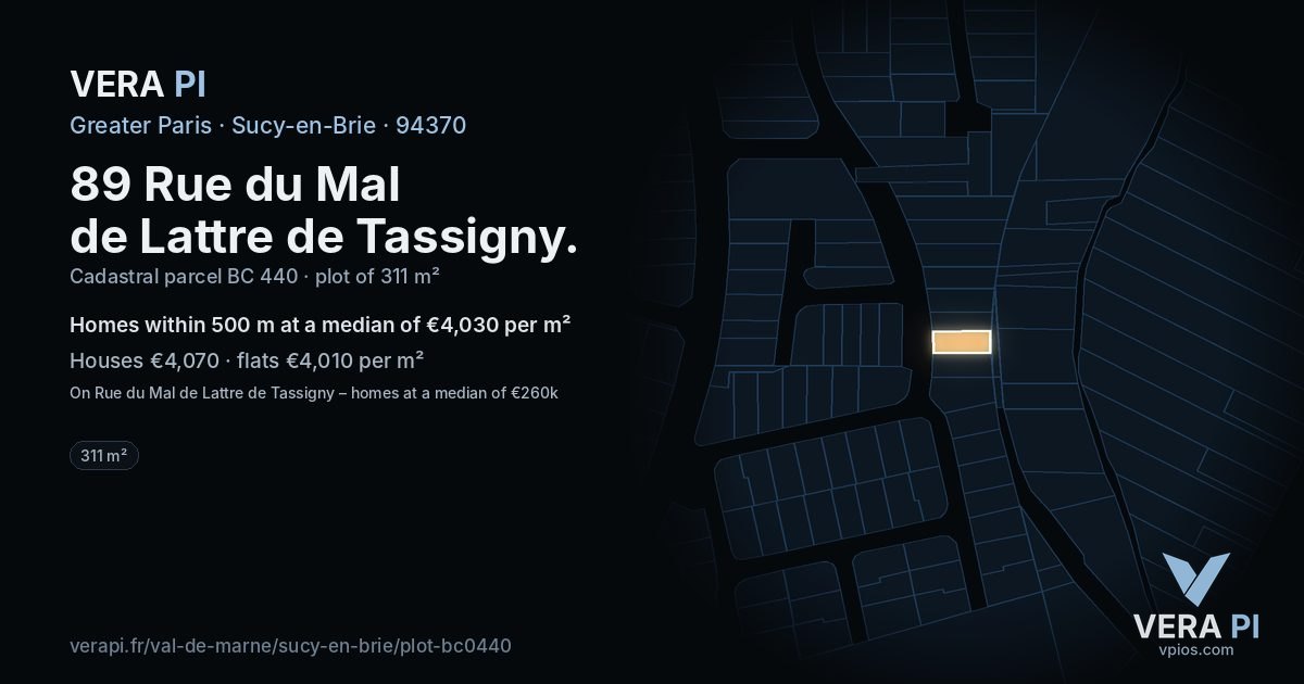 89 Rue du Mal de Lattre de Tassigny, Sucy-en-Brie at night – the plot lit, the parcels around coloured by the prices near them