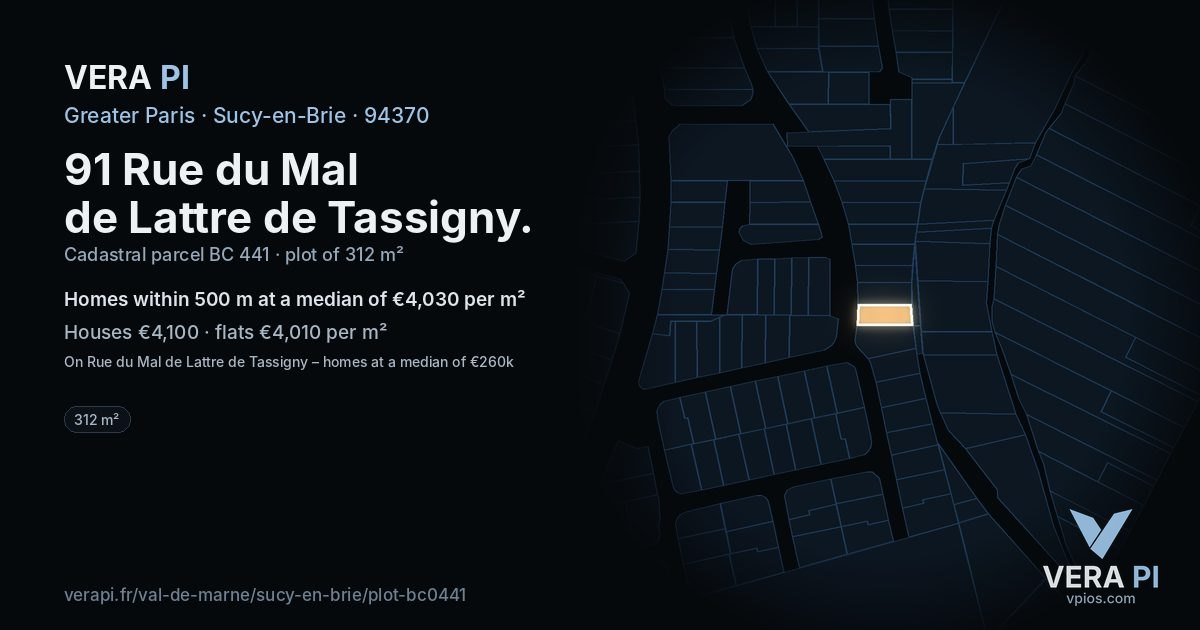 91 Rue du Mal de Lattre de Tassigny, Sucy-en-Brie at night – the plot lit, the parcels around coloured by the prices near them