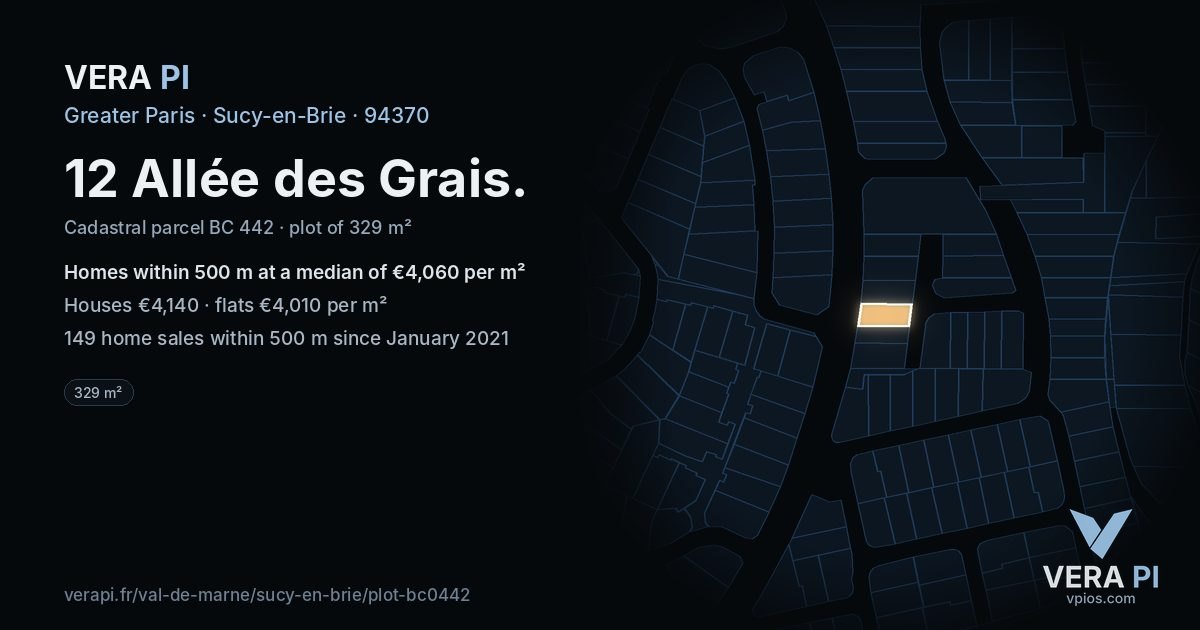 12 Allée des Grais, Sucy-en-Brie at night – the plot lit, the parcels around coloured by the prices near them