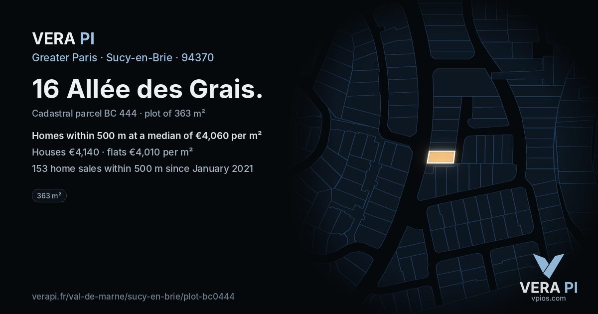 16 Allée des Grais, Sucy-en-Brie at night – the plot lit, the parcels around coloured by the prices near them