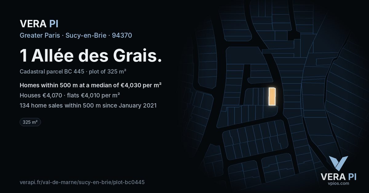 1 Allée des Grais, Sucy-en-Brie at night – the plot lit, the parcels around coloured by the prices near them