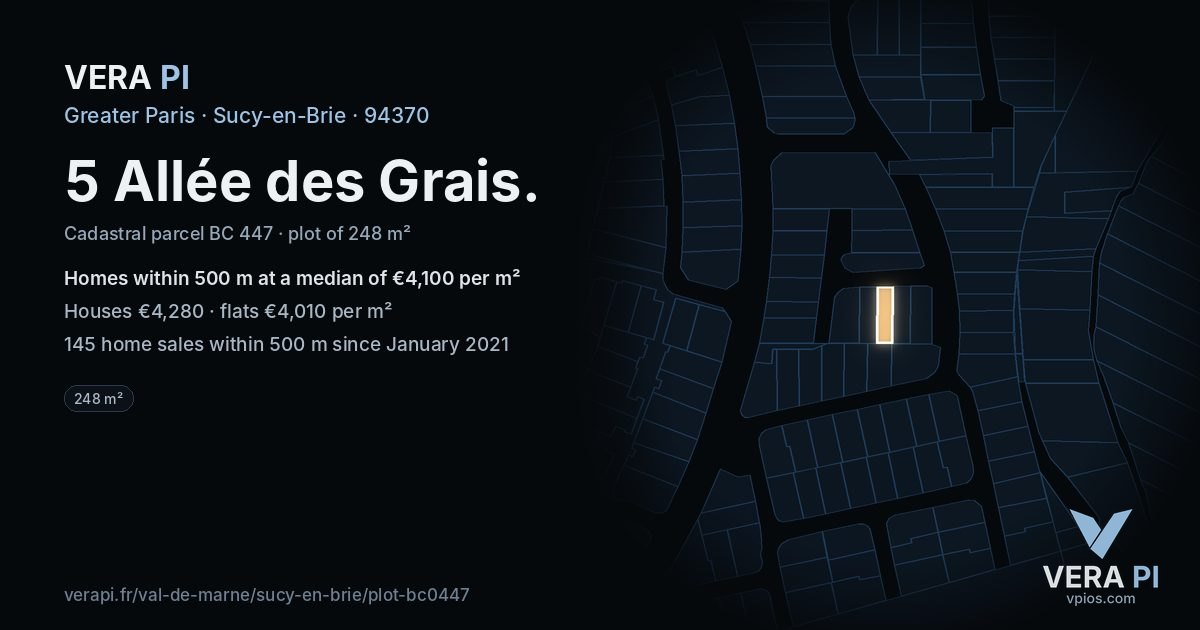 5 Allée des Grais, Sucy-en-Brie at night – the plot lit, the parcels around coloured by the prices near them