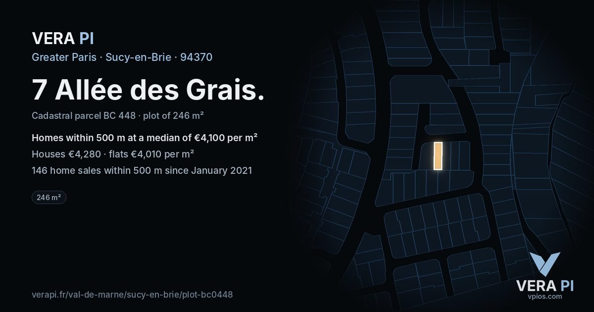 7 Allée des Grais, Sucy-en-Brie at night – the plot lit, the parcels around coloured by the prices near them