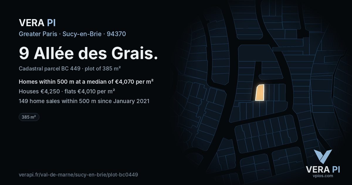 9 Allée des Grais, Sucy-en-Brie at night – the plot lit, the parcels around coloured by the prices near them