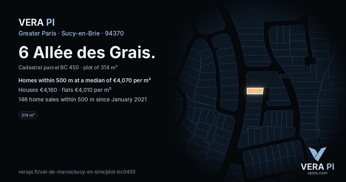 6 Allée des Grais, Sucy-en-Brie at night – the plot lit, the parcels around coloured by the prices near them