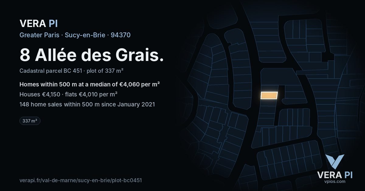 8 Allée des Grais, Sucy-en-Brie at night – the plot lit, the parcels around coloured by the prices near them