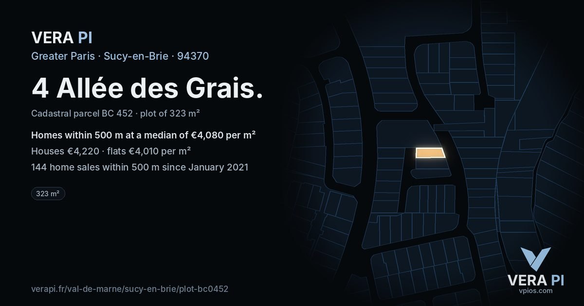 4 Allée des Grais, Sucy-en-Brie at night – the plot lit, the parcels around coloured by the prices near them