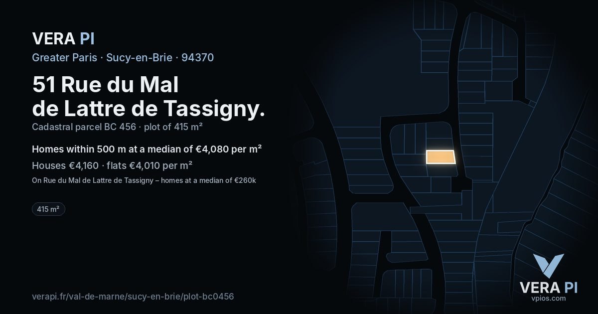 51 Rue du Mal de Lattre de Tassigny, Sucy-en-Brie at night – the plot lit, the parcels around coloured by the prices near them