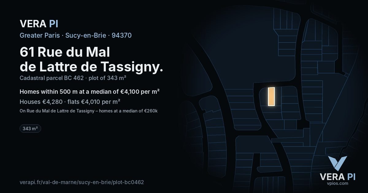 61 Rue du Mal de Lattre de Tassigny, Sucy-en-Brie at night – the plot lit, the parcels around coloured by the prices near them