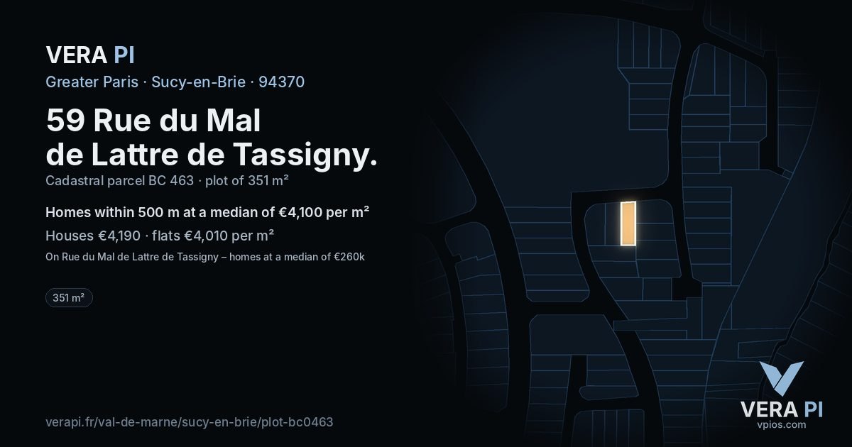 59 Rue du Mal de Lattre de Tassigny, Sucy-en-Brie at night – the plot lit, the parcels around coloured by the prices near them