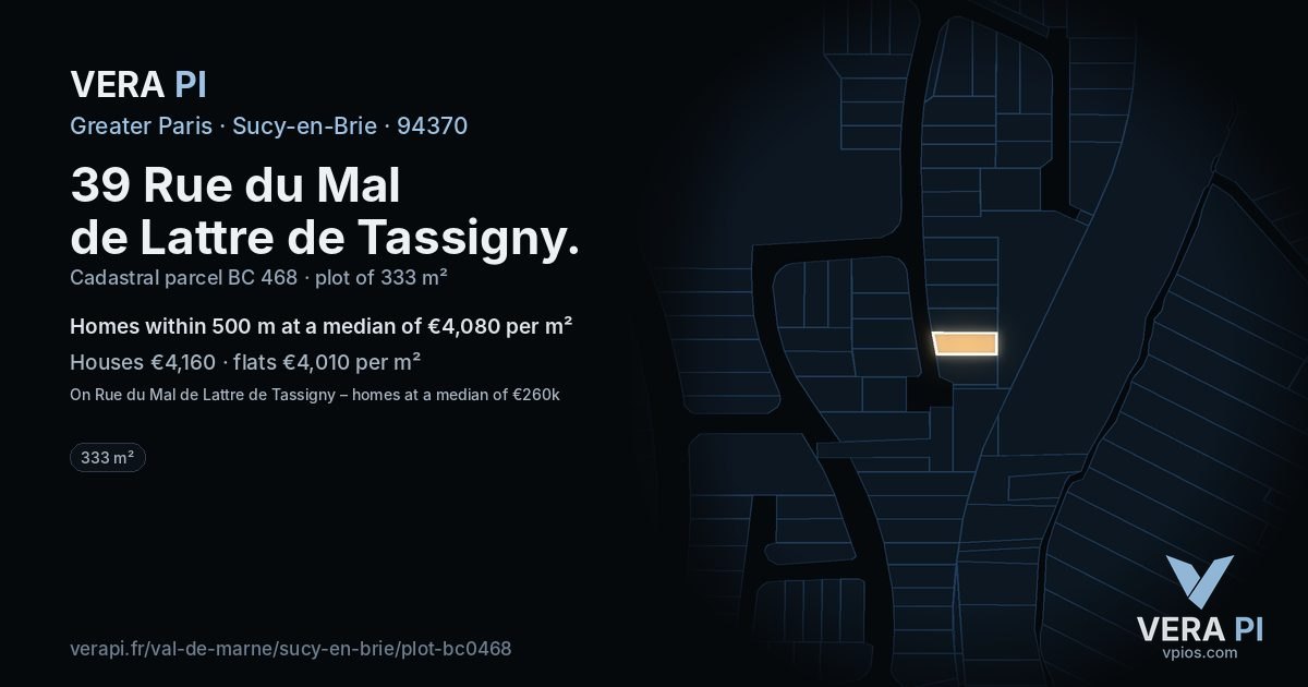 39 Rue du Mal de Lattre de Tassigny, Sucy-en-Brie at night – the plot lit, the parcels around coloured by the prices near them