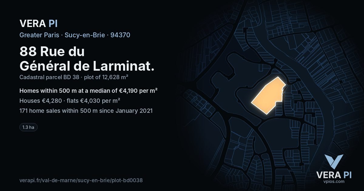 88 Rue du Général de Larminat, Sucy-en-Brie at night – the plot lit, the parcels around coloured by the prices near them