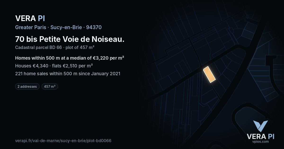 70 bis Petite Voie de Noiseau, Sucy-en-Brie at night – the plot lit, the parcels around coloured by the prices near them