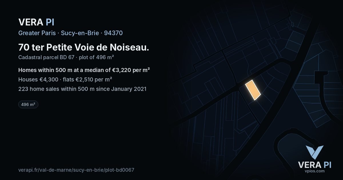 70 ter Petite Voie de Noiseau, Sucy-en-Brie at night – the plot lit, the parcels around coloured by the prices near them