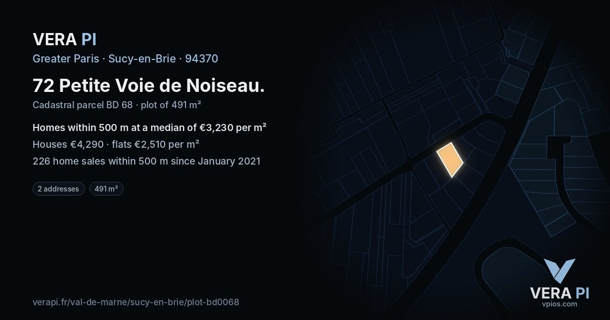 72 Petite Voie de Noiseau, Sucy-en-Brie at night – the plot lit, the parcels around coloured by the prices near them