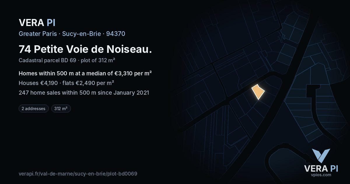 74 Petite Voie de Noiseau, Sucy-en-Brie at night – the plot lit, the parcels around coloured by the prices near them