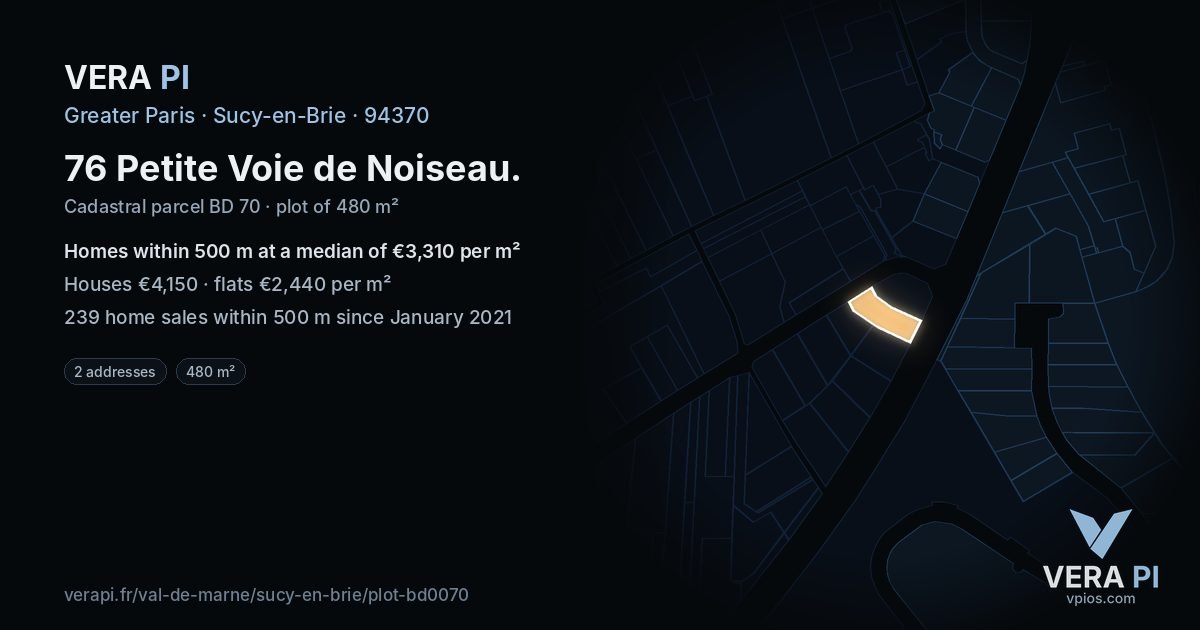 76 Petite Voie de Noiseau, Sucy-en-Brie at night – the plot lit, the parcels around coloured by the prices near them