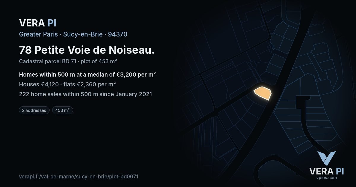 78 Petite Voie de Noiseau, Sucy-en-Brie at night – the plot lit, the parcels around coloured by the prices near them