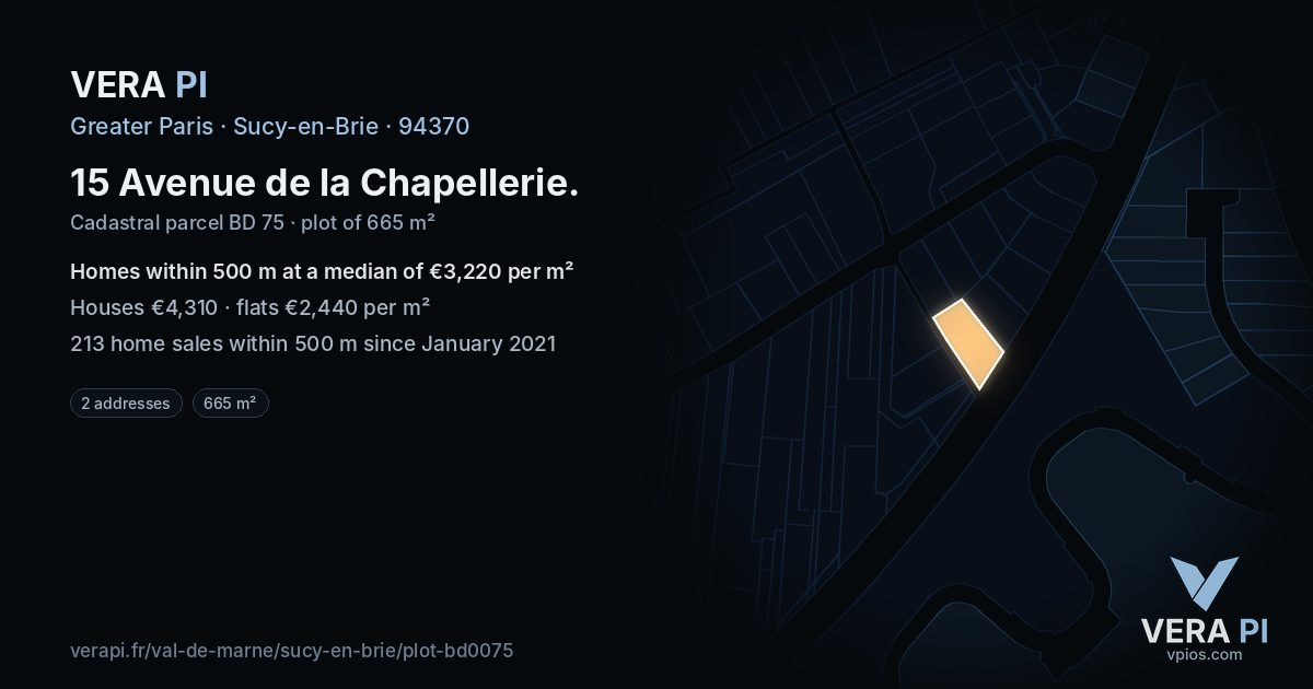 15 Avenue de la Chapellerie, Sucy-en-Brie at night – the plot lit, the parcels around coloured by the prices near them