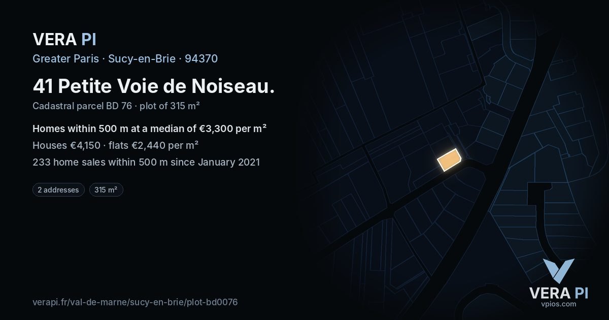 41 Petite Voie de Noiseau, Sucy-en-Brie at night – the plot lit, the parcels around coloured by the prices near them