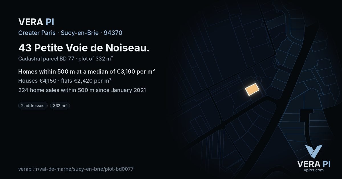 43 Petite Voie de Noiseau, Sucy-en-Brie at night – the plot lit, the parcels around coloured by the prices near them