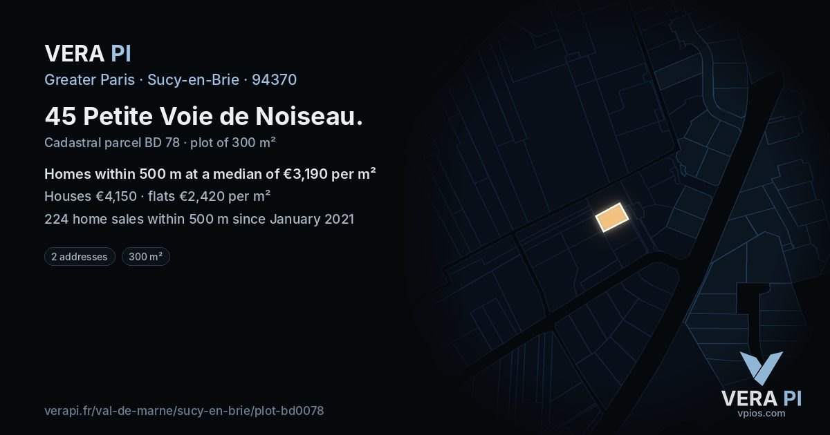 45 Petite Voie de Noiseau, Sucy-en-Brie at night – the plot lit, the parcels around coloured by the prices near them