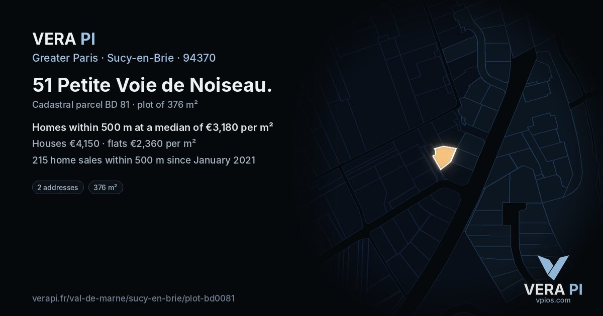 51 Petite Voie de Noiseau, Sucy-en-Brie at night – the plot lit, the parcels around coloured by the prices near them