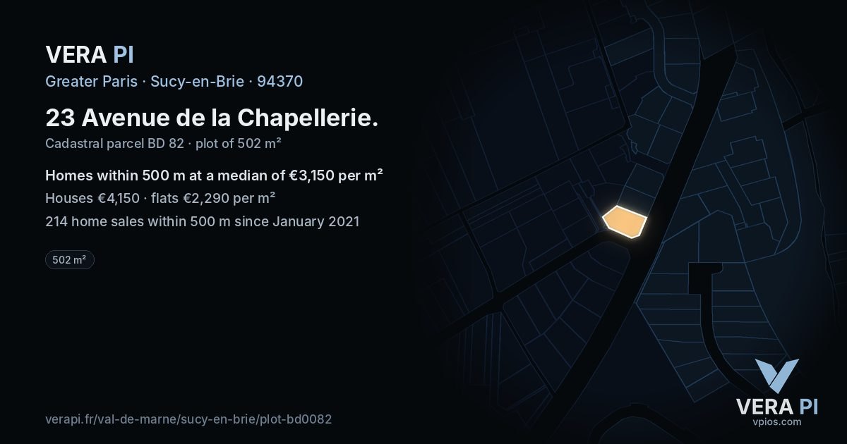 23 Avenue de la Chapellerie, Sucy-en-Brie at night – the plot lit, the parcels around coloured by the prices near them