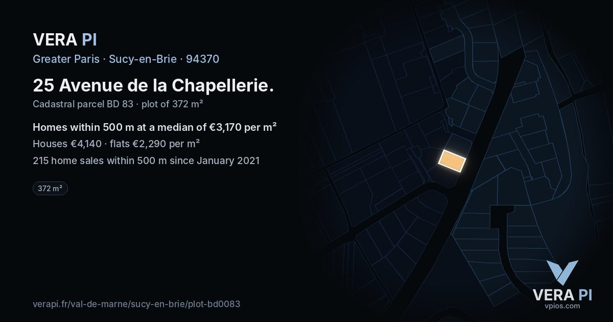 25 Avenue de la Chapellerie, Sucy-en-Brie at night – the plot lit, the parcels around coloured by the prices near them