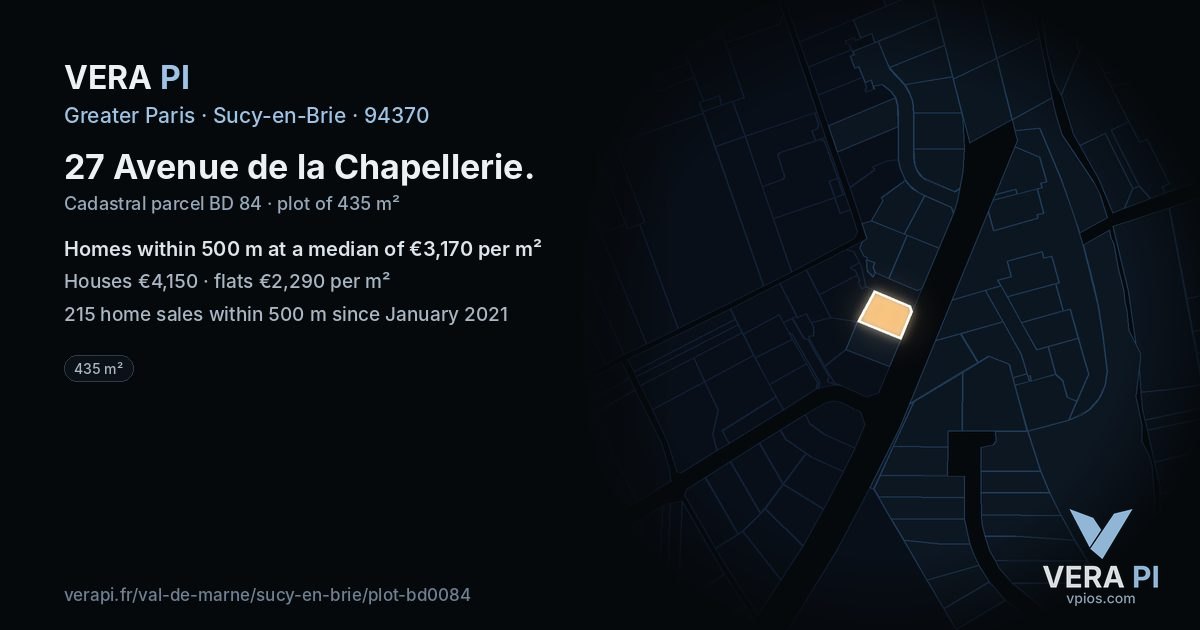 27 Avenue de la Chapellerie, Sucy-en-Brie at night – the plot lit, the parcels around coloured by the prices near them