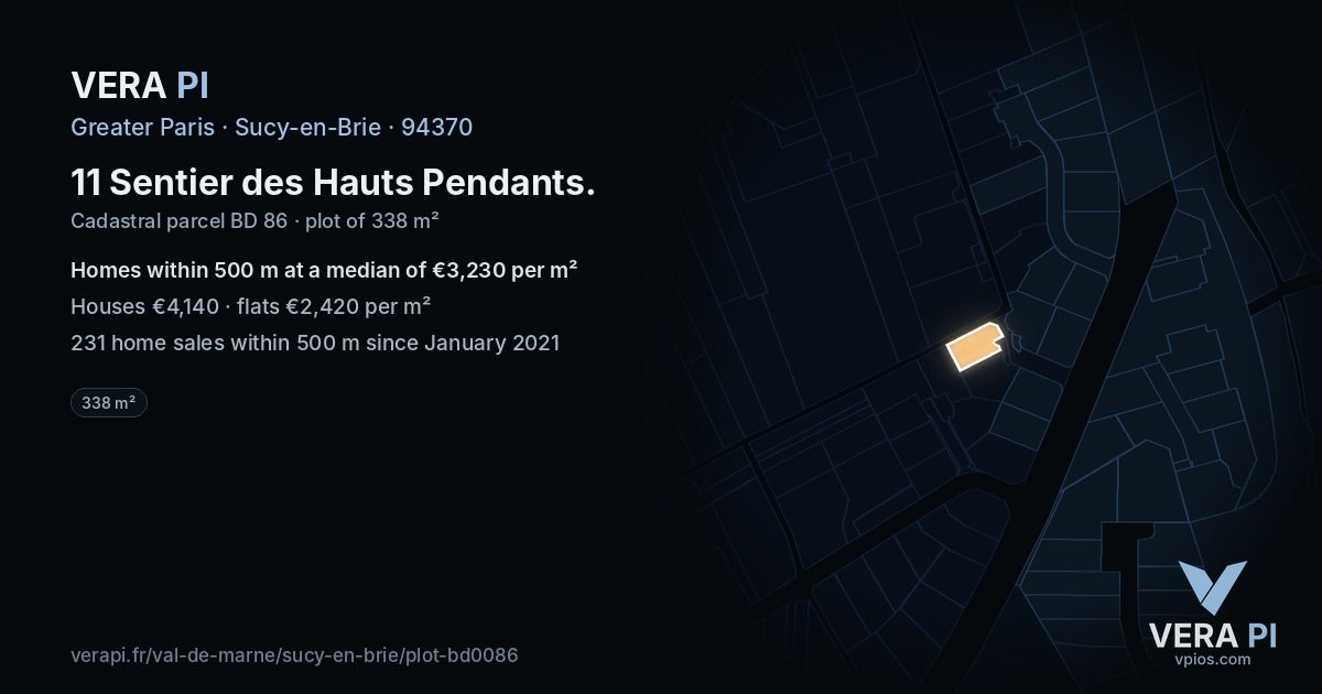 11 Sentier des Hauts Pendants, Sucy-en-Brie at night – the plot lit, the parcels around coloured by the prices near them