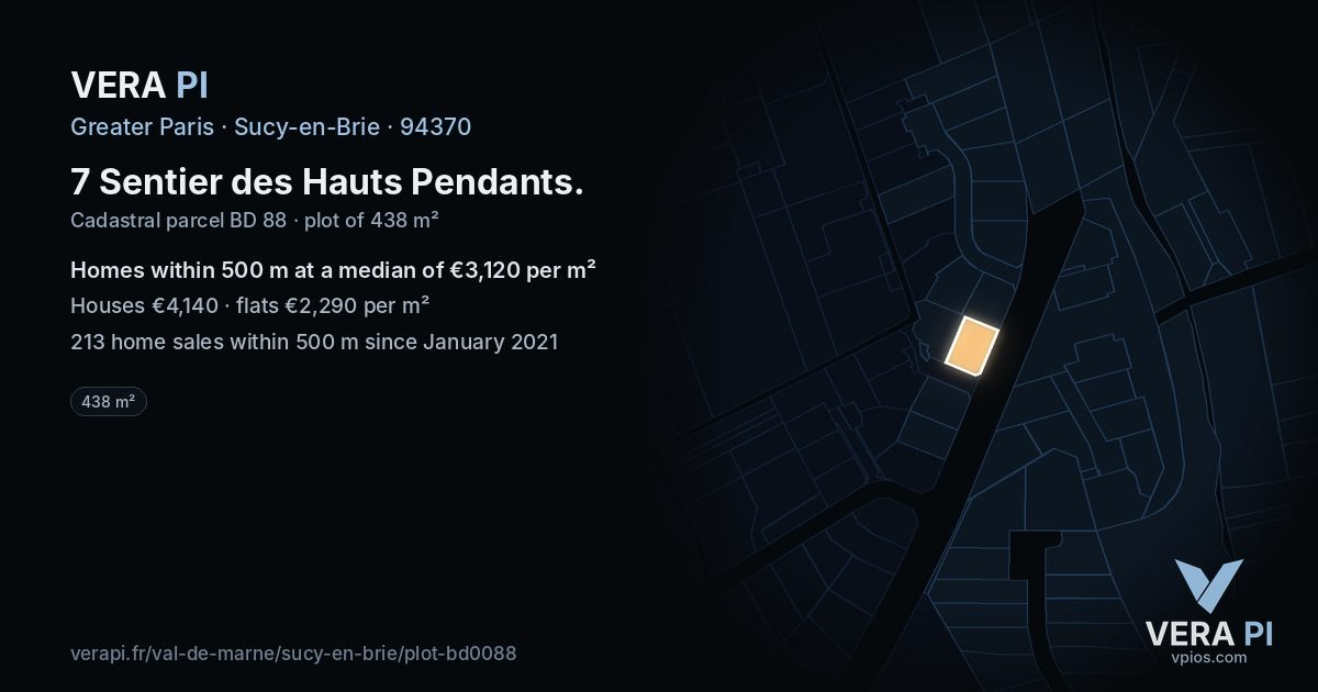 7 Sentier des Hauts Pendants, Sucy-en-Brie at night – the plot lit, the parcels around coloured by the prices near them