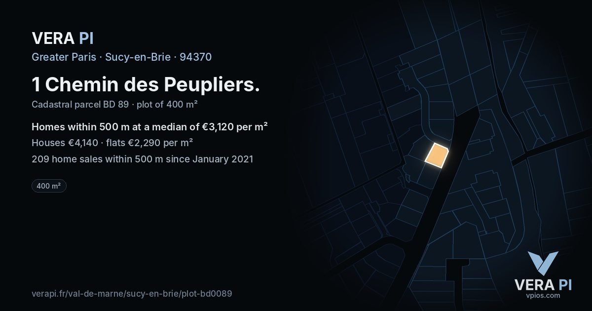 1 Chemin des Peupliers, Sucy-en-Brie at night – the plot lit, the parcels around coloured by the prices near them