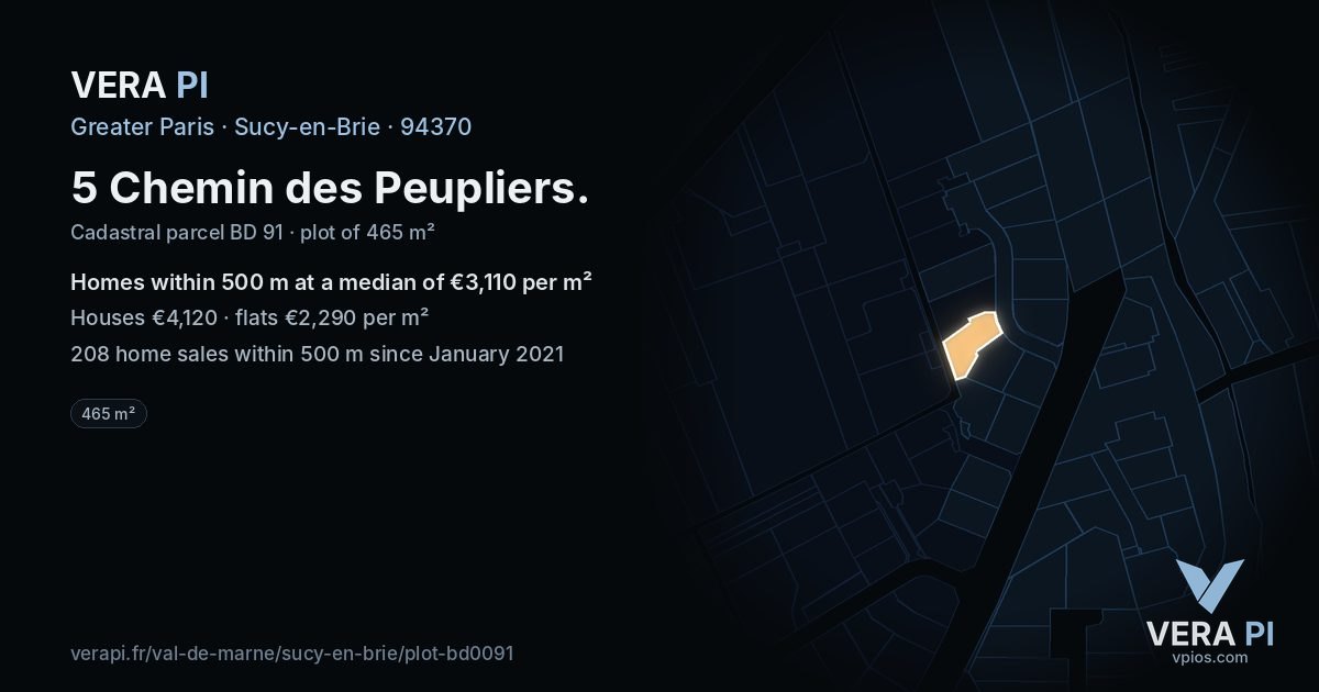 5 Chemin des Peupliers, Sucy-en-Brie at night – the plot lit, the parcels around coloured by the prices near them