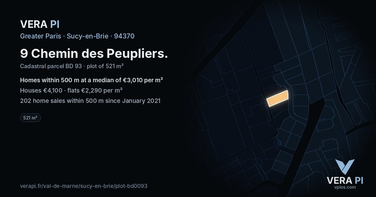 9 Chemin des Peupliers, Sucy-en-Brie at night – the plot lit, the parcels around coloured by the prices near them