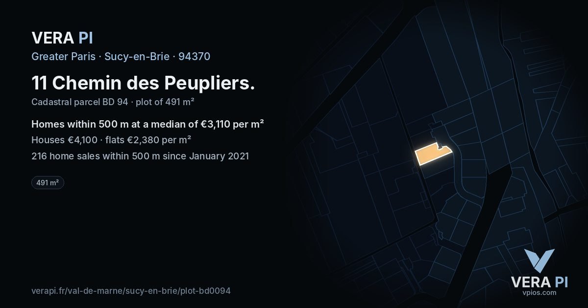 11 Chemin des Peupliers, Sucy-en-Brie at night – the plot lit, the parcels around coloured by the prices near them