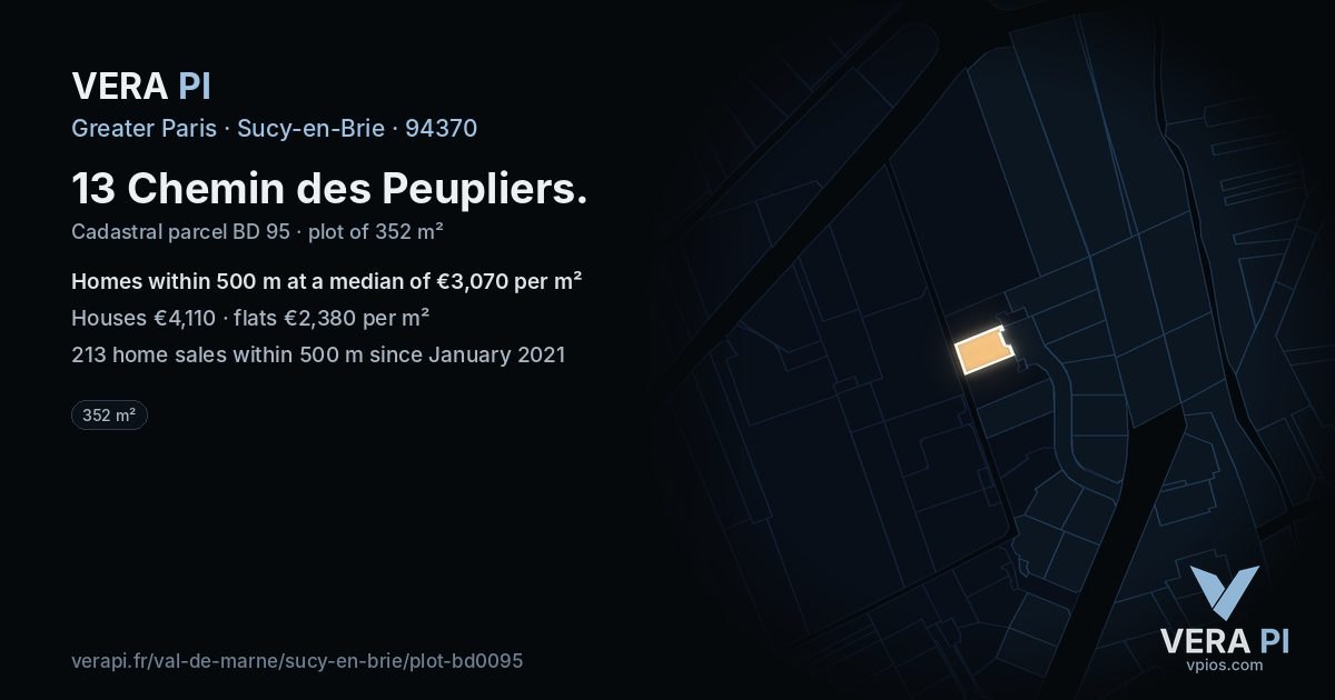13 Chemin des Peupliers, Sucy-en-Brie at night – the plot lit, the parcels around coloured by the prices near them