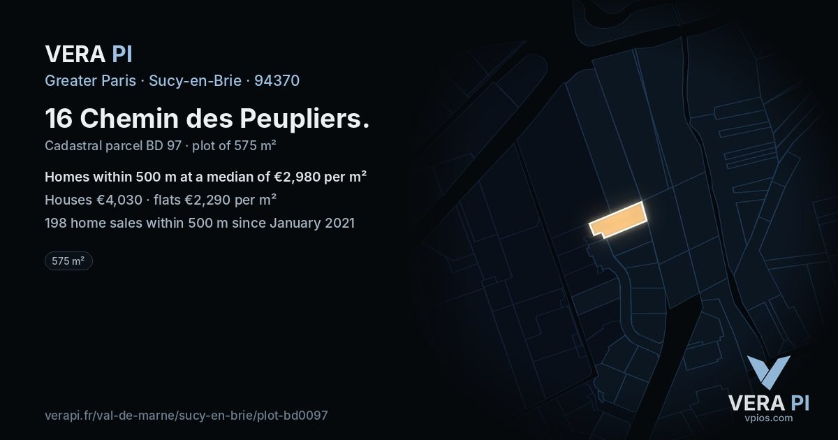 16 Chemin des Peupliers, Sucy-en-Brie at night – the plot lit, the parcels around coloured by the prices near them