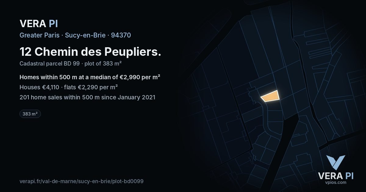 12 Chemin des Peupliers, Sucy-en-Brie at night – the plot lit, the parcels around coloured by the prices near them