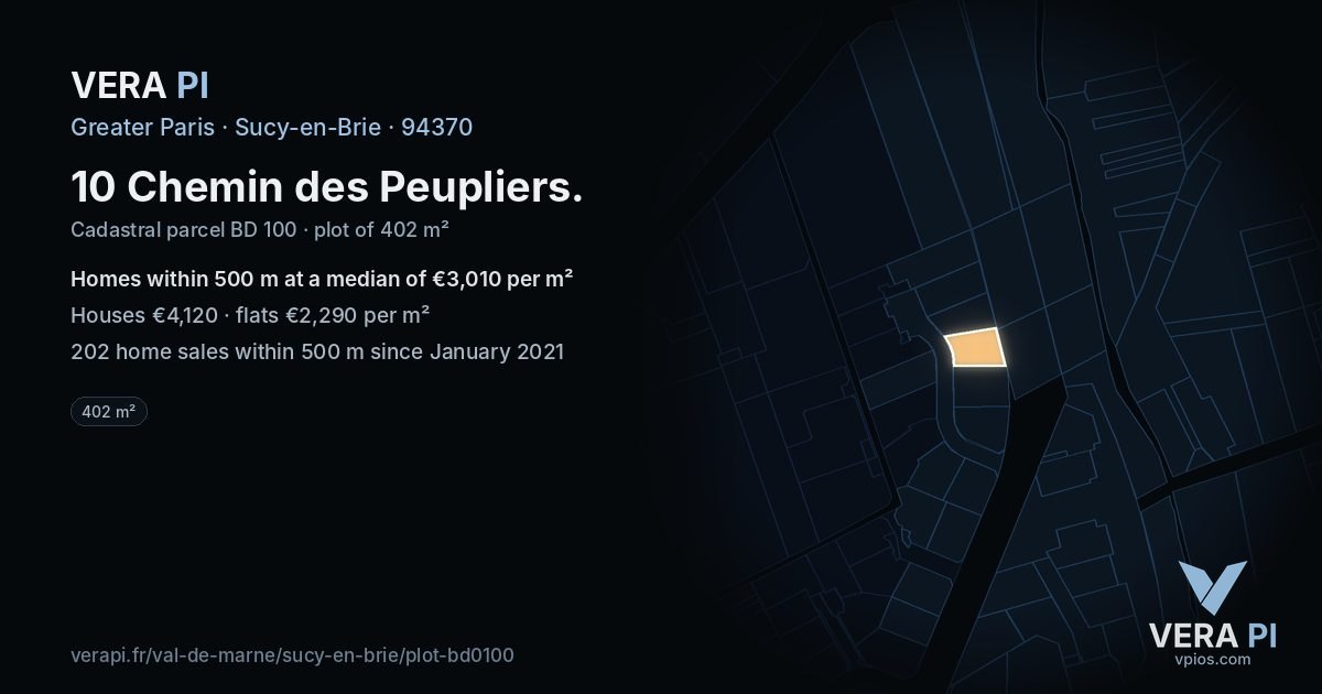10 Chemin des Peupliers, Sucy-en-Brie at night – the plot lit, the parcels around coloured by the prices near them