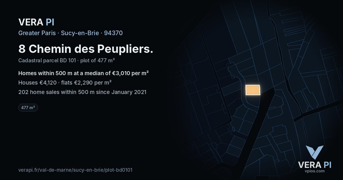 8 Chemin des Peupliers, Sucy-en-Brie at night – the plot lit, the parcels around coloured by the prices near them