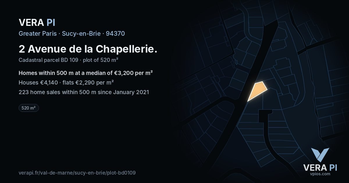 2 Avenue de la Chapellerie, Sucy-en-Brie at night – the plot lit, the parcels around coloured by the prices near them