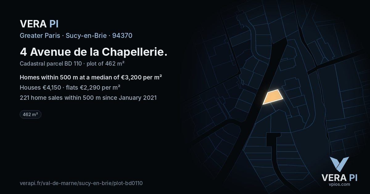 4 Avenue de la Chapellerie, Sucy-en-Brie at night – the plot lit, the parcels around coloured by the prices near them