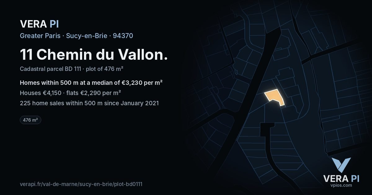 11 Chemin du Vallon, Sucy-en-Brie at night – the plot lit, the parcels around coloured by the prices near them